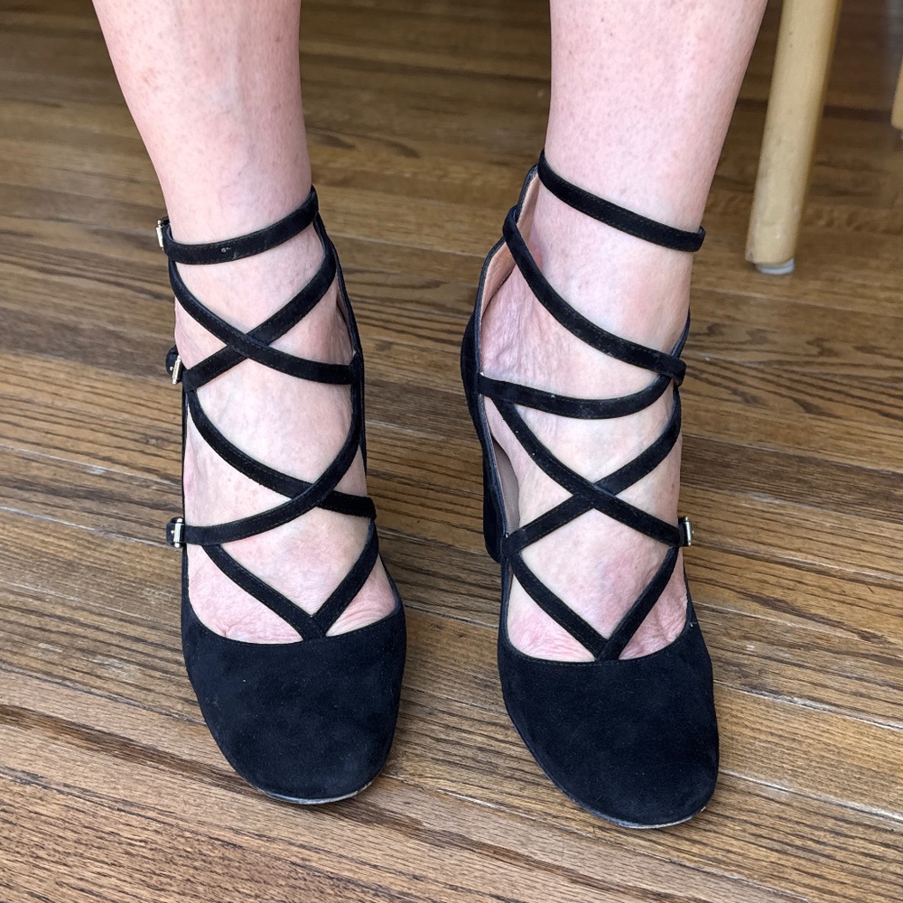 Designer black suede heels